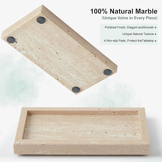 Natural Small Travertine Vanity Tray, Luxury Stone Organizer for Bathroom & Kitchen | Holds Soap Dispenser, Jewelry, Perfume | Non-Resin, Non-Ceramic Décor
