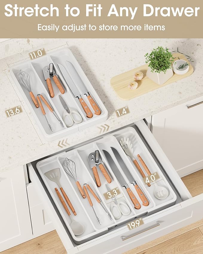 Aujen Silverware Organizer - Expandable Kitchen Drawer Organizer, Adjustable Utensil Organizer, Cutlery Tray for Forks, Knives, Multipurpose Kitchen Organizers and Storage Solution, White, X-Large