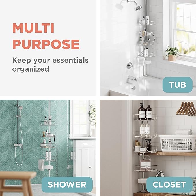 Zenna Home Tension Pole Shower Caddy Corner Organizer, Adjustable Standing Shower Caddy with 4 Shelves, Rustproof Bathroom Tension Rod Organizer, 60 to 108 Inch, Stainless Steel