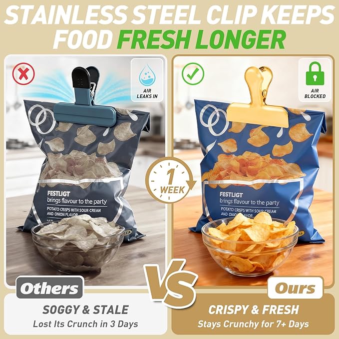Funfery Gold Chip Clips Bag Clips Large Stainless Steel Clip for Food Storage,Air Tight Seal Chip Bag Clip 3 Inch Strong Food Clipp for Snack,Chips,Kitchen Decor,Home&Office Paper Heavy Duty-8 Pack