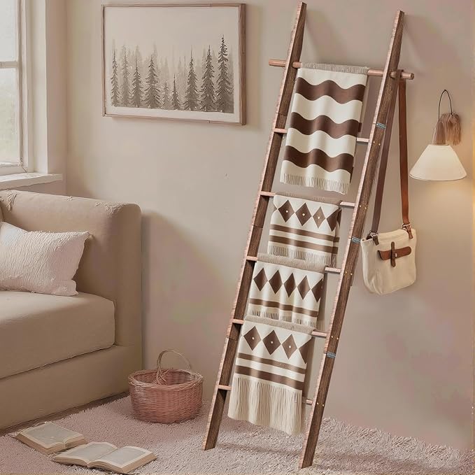Farmhouse 6 Ft Wooden Blanket Ladder with Removable Hooks, 6-Tier Rustic Blanket Rack Decorative Stand, Leaning Towel Quilt Rack Holder for Bathroom Living Room Decor Brown