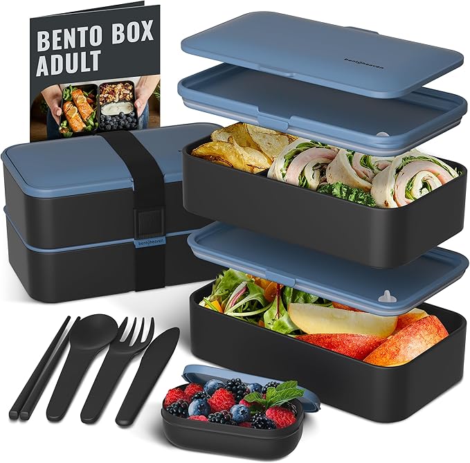 Bentoheaven Bento Box Adult, Stackable Lunch Box, 40 oz, Symph Onyx