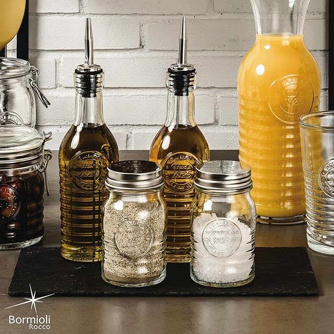 Bormioli Rocco Officina 1825 Salt & Pepper Jars Set of 2-8 Oz. Ribbed Glass Containers with Airtight Metal Lids for Seasoning, Cooking & Dining Table Use - Italian Glass Storage Design