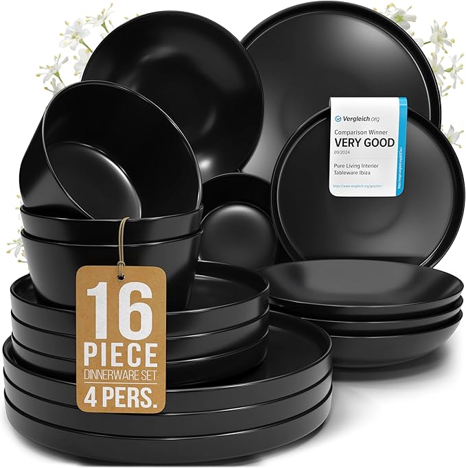 16 Piece Black Dinnerware Set for 4, Stoneware Black Plates and Bowls Set