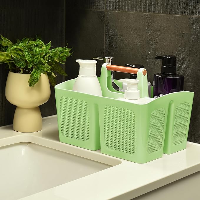 ALINK Portable Shower Caddy Basket with Compartments, Plastic Divided Cleaning Caddy Organizer Storage Tote with Handle for Bathroom, College, Dorm Room Essentials - Green
