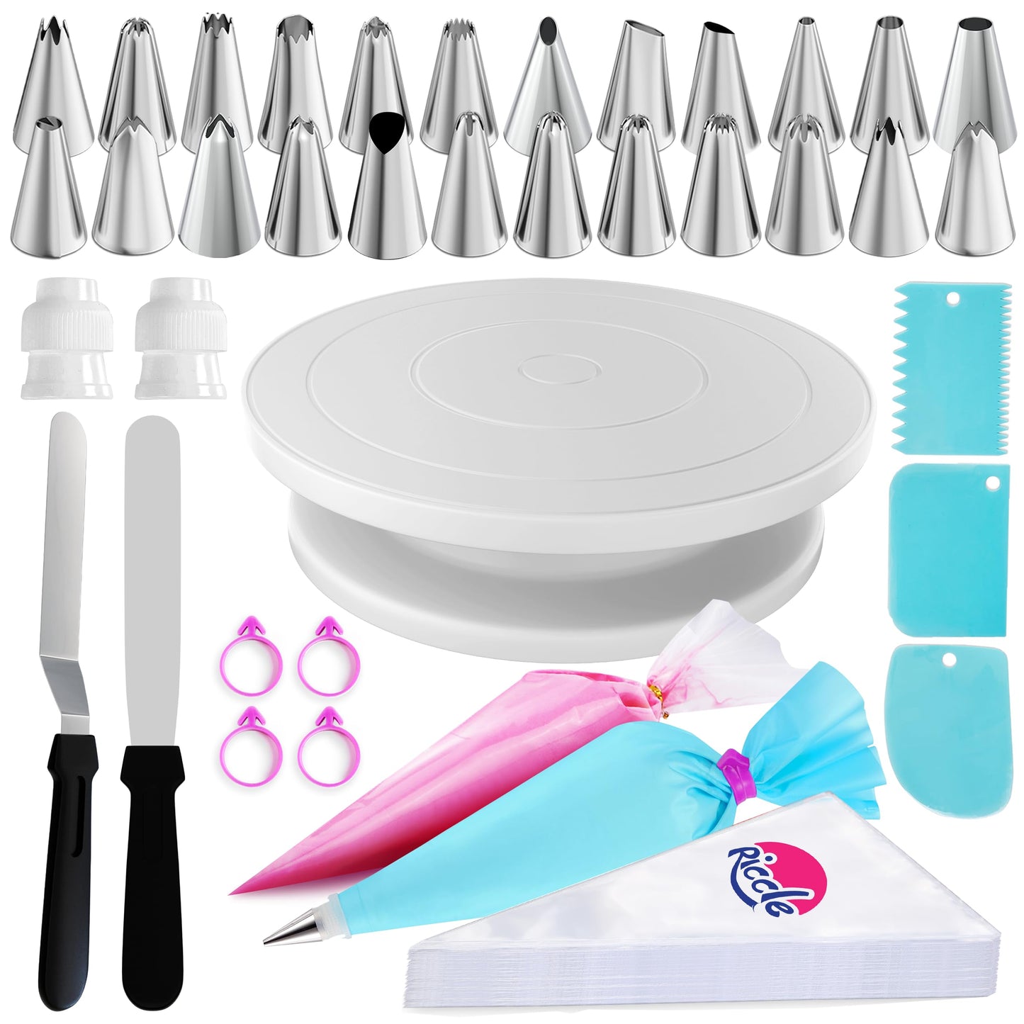 Riccle 88 pc Cake Decorating Kit & Cake Turntable -Piping Bags and Tips Set