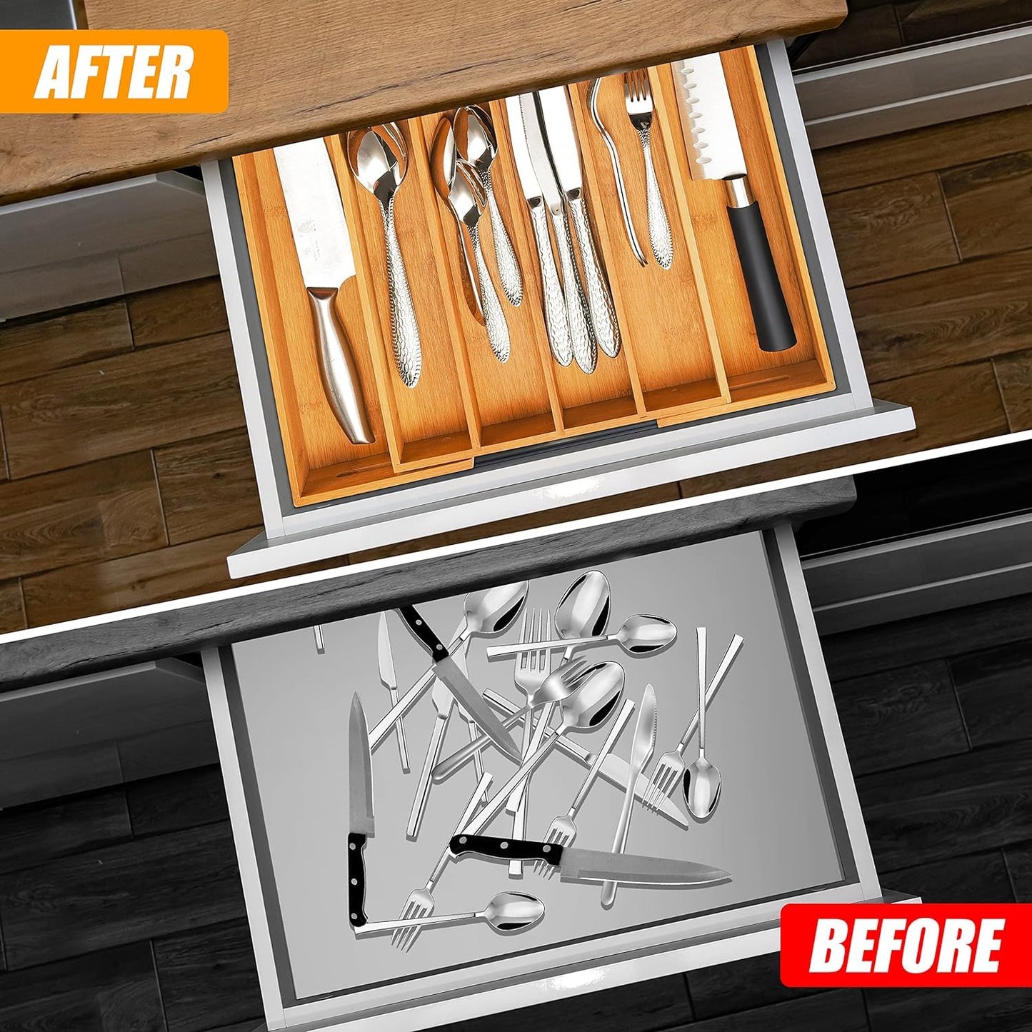 Bellsal Large Premium Acacia Wood Silverware Organizer - Expandable Utensil Drawer Organizer - 17"x19.6" Utensil Holder and Cutlery Tray with Grooved for Kitchen Flatware Utensils(7-9 Slot, Acacia)