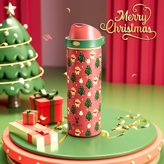 24 oz Christmas Insulated Water Bottle: Meoky Stainless Steel Water Bottle with Straw and Spout Lid - Leak Proof, Cold for 24 Hours, Fits in Car Cup Holder, Christmas Gifts for Women Men, Santa Deer