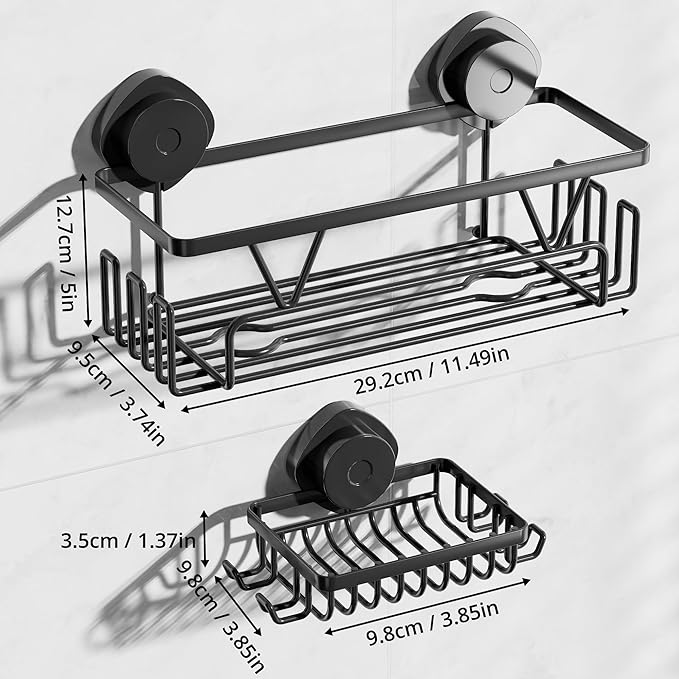 KEGII Suction Cup Shower Caddy, 2 Pack Shower Suction Shelf with Soap Holder & Hooks, No Drilling Bathroom Organizer, Stainless Steel Shampoo Holder for Bathroom Storage Basket, Black