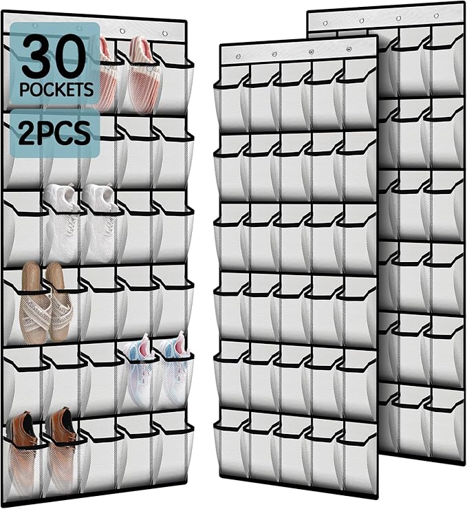 Over the Door Shoe Organizer with 30 Breathable Mesh Pockets - Large Capacity Closet Storage for Men & Women, Hanging Shoe Rack Organizer (2PC-White)