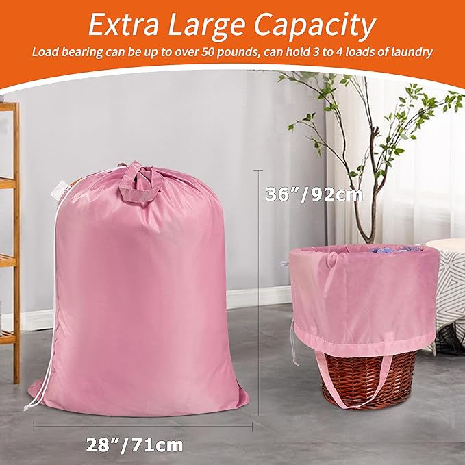 Polecasa Extra Heavy Duty Large Laundry Bag with Sturdy Handles and Drawstring Closure, 28 x 36 inches Durable Storage Bags for Basket, Hamper, College, Dorm, Travel, Pink