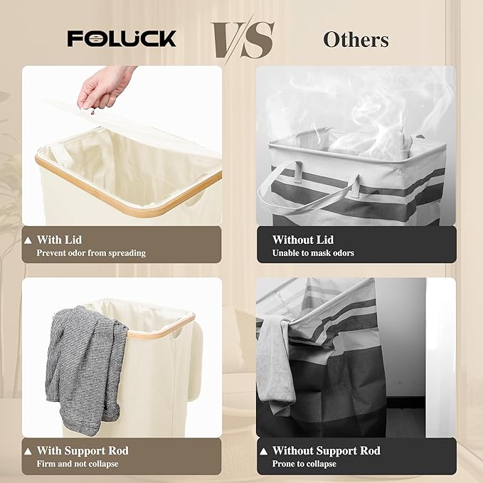 Large Laundry Hamper, 100L Waterproof Laundry Basket with Lid and Removable Bag, Collapsible Tall Clothes Hamper with Bamboo Handles for Clothes Toys in Dorm Bedroom Bathroom, Beige