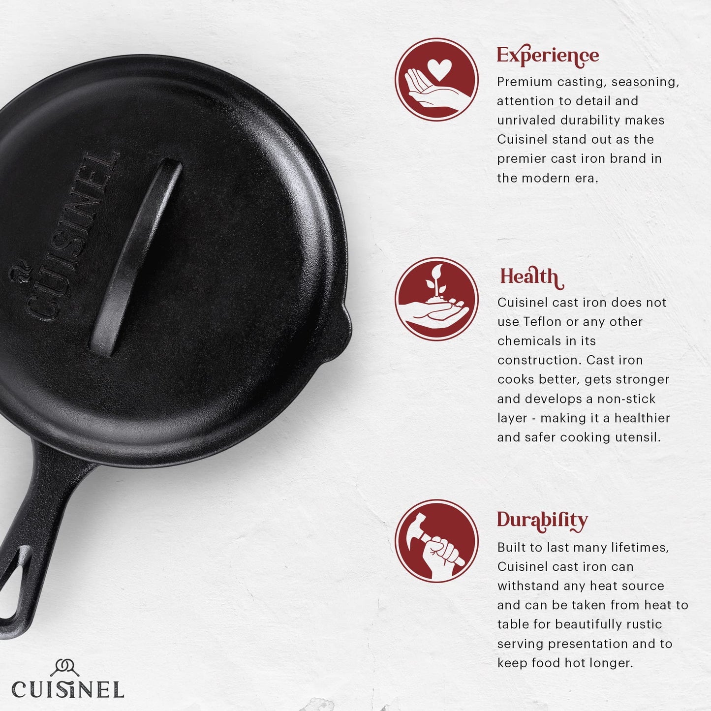 Cuisinel 12‑Inch Cast Iron Skillet – Pre‑Seasoned Frying Pan with Assist Handle & Silicone Handle Holder – Oven, Stovetop, Grill & Campfire Safe Cookware – PFAS & PFOA‑Free