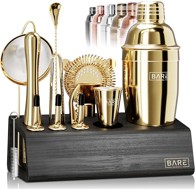 BARE BARREL® Mixology Bartender Kit Bar Set | 14-Piece Cocktail Shaker Set | Martini Barware Mixing Tools for Home Bartending | Incl. 35 Recipe Cards | Gift Set (24oz Cobbler Shaker, Jet Black/Black)