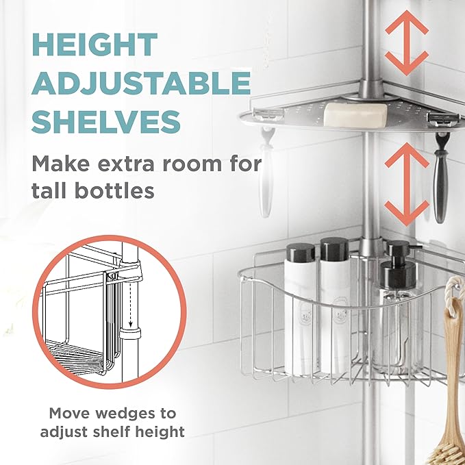 Zenna Home Tension Pole Shower Caddy Corner Organizer, Adjustable Standing Shower Caddy with 3 Shelves and Soap Tray, Rust Resistant Bathroom Tension Rod Organizer, 60 to 97 Inch, Satin Nickel