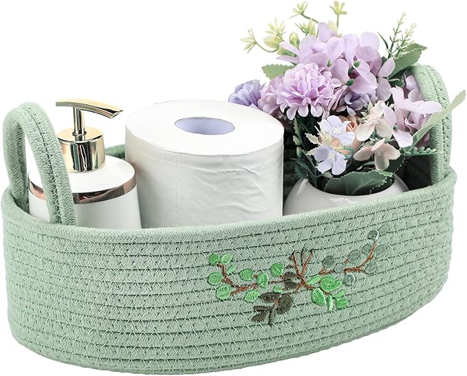 Vesici Eucalyptus Toilet Paper Basket Green Leaves Woven Cotton Rope Basket for Toilet Tank Top Botanical Bathroom Countertop Organizer for Bedroom Nursery Organizing, 13 x 6 x 4 Inch