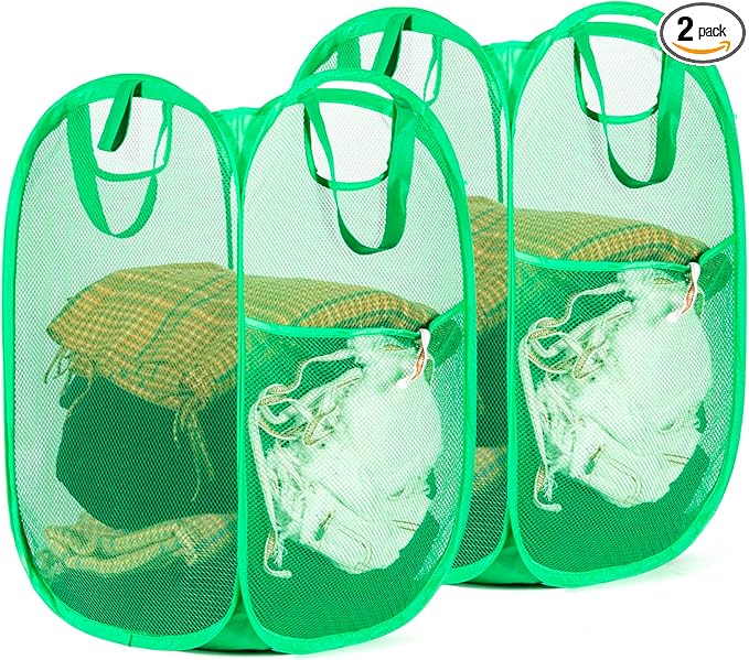 HOUSE AGAIN 2 Pcs Pop Up Laundry Hamper, Strong Mesh Laundry Baskets Collapsible, Hamper with Handles and Side Pocket, Portable Foldable Dirty Clothes for Dorm, Laundry room and Travel Storage, Green
