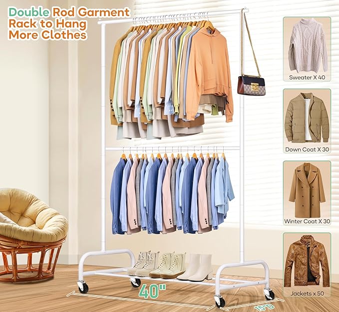 SLEEPING LAMB Double Rod Heavy Duty Clothes Racks for Hanging Clothes, Metal Rolling Garment Rack With Wheels Clothes Hanger Rack Wardrobe Racking for Coats, Shirts (White)
