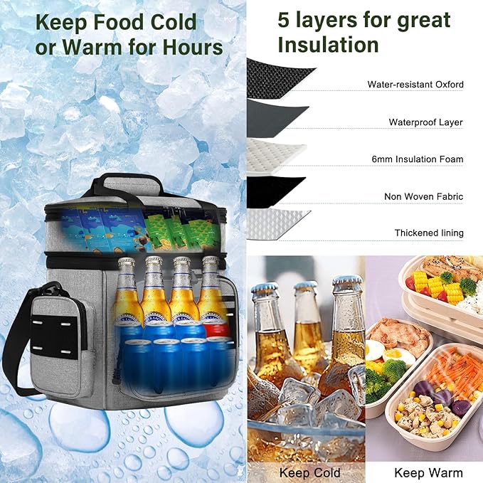 Expandable Tactical Lunch Box, Large Insulated Lunch Cooler Bag Heavy Duty Leakproof Lunch Pail for Men Adults Work Office Outdoor Picnic Trips,16L,Grey