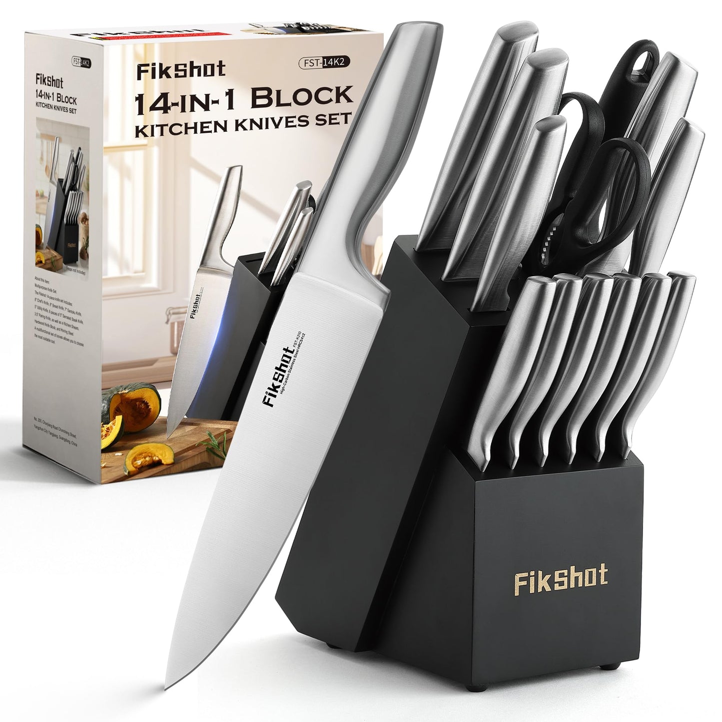 Fikshot Knife Set, German Stainless Steel, Black, 14-Piece kitchen knives