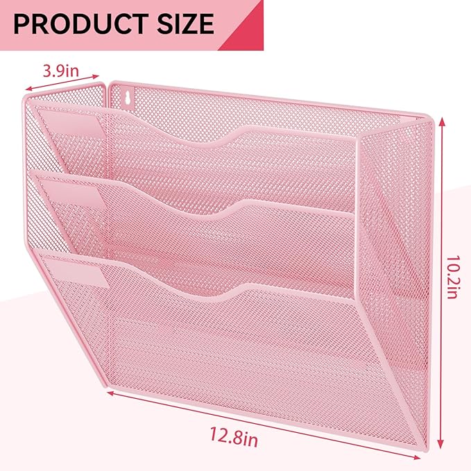 3 Pockets Hanging Wall File Organizer Mail Holder, Wall Mounted Paper Document Folder Holder, Clipboard Storage Organization Magazine Rack, Pink