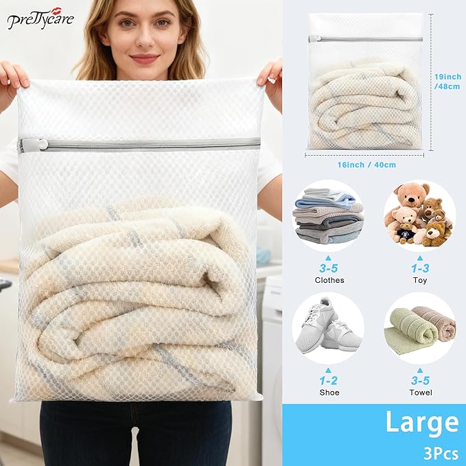 PrettyCare 3 Large (16x19inch) Mesh Laundry Bags for Delicates, Durable Honeycomb Wash Bags with Premium Zippers - Laundry Essentials Mesh Bags for Lingerie, Bras, Socks, Sweater, Travel & Organizing