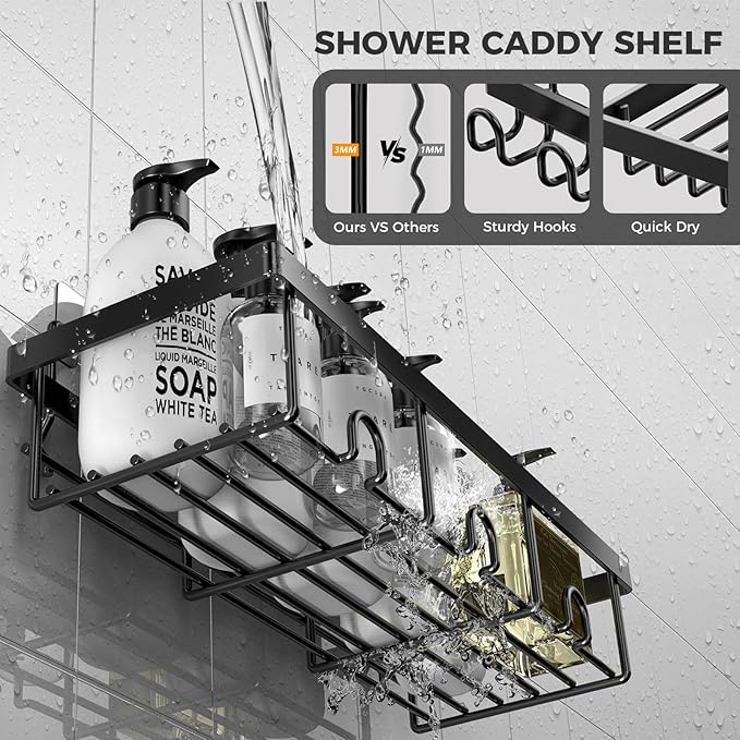 4-Pack Adhesive Shower Caddy - Rustproof Stainless Steel Shower Organizer - Large Capacity No-Drill Shower Shelves for Inside Shower Storage - Versatile Wall Mount Rack for Bathroom & Kitchen (Black)