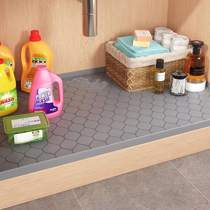 Silicone Under Sink Mat 34" x 19", kitchen Essentials and Gadgets, Shelf liner and Cabinet Protector, Home Organizers and Storage, Waterproof Bathroom Tray