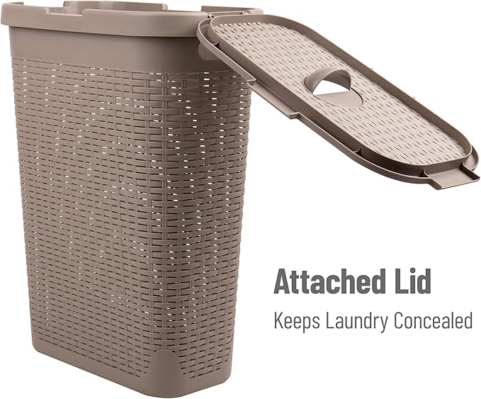 Mind Reader Slim Laundry Hamper with Lid, 40L Clothes Basket, Premium Wicker Design, Plastic, Tan