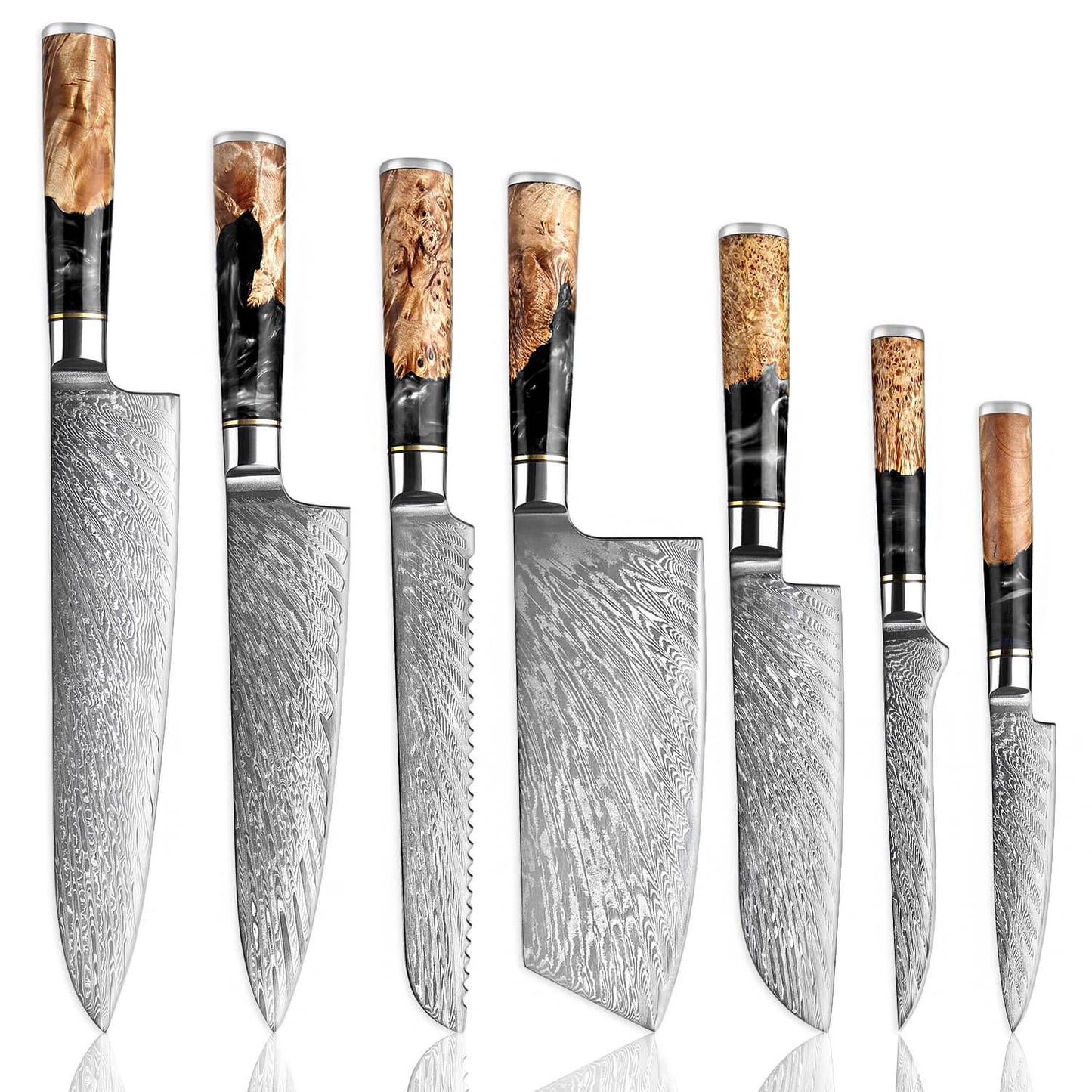 SENKEN 7-Piece Damascus Kitchen Knife Set - Tsunami Collection - 67-Layer Japanese VG10 Steel - Chef's Knife, Cleaver, Santoku, Bread, Boning, & More
