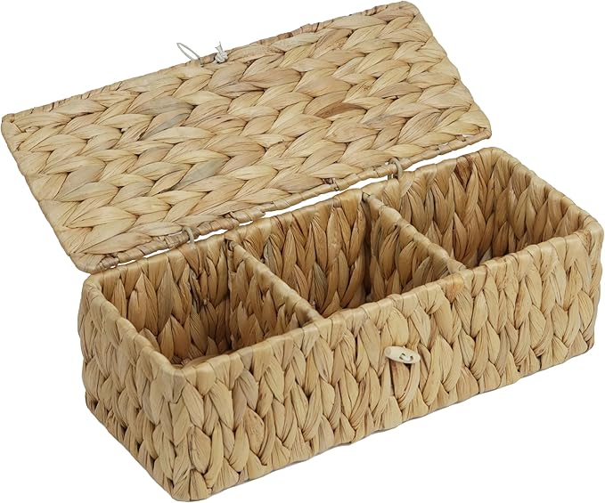 Water Hyacinth Storage Basket with Lid, Rectangular Tank Woven Wicker Baskets with Sections, Decorative Box for Snack Toys Bathroom (Water Hyacinth)