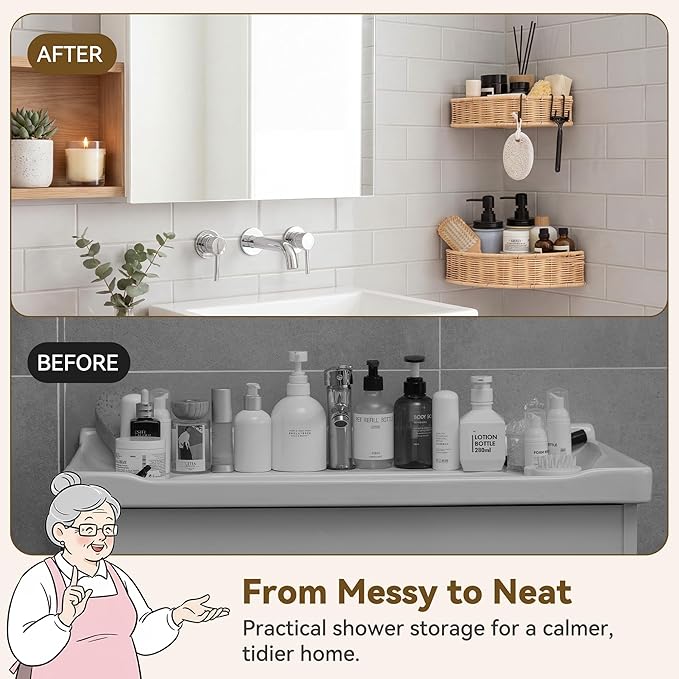 GRANNY SAYS 2 Pack Wicker Corner Shower Caddy Hanging, Shower Shelf for Inside Showers, Adhesive Shelves for Bathroom Organizers and Storage, Bathroom Shelves Wall Mounted for Home Decor, Natural