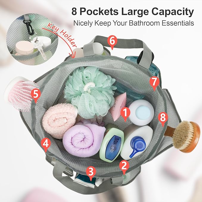 F-color Mesh Shower Caddy Portable with Drawstring - Large 8 Pockets Dorm Room Essentials for Guys Girls with S Hook, Shower Bag Basket Tote for College Camping Gym Travel Toiletry Bathroom, Grey