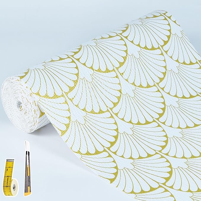Shelf Liners Non Adhesive Gold Background White Fan-Shaped Pattern - Thickened Non-Slip Easy to Clean Drawer Liner for Kitchen Cabinets, Tool Box,Refrigerator,with Knife & Tape Measure,12in x 20FT.