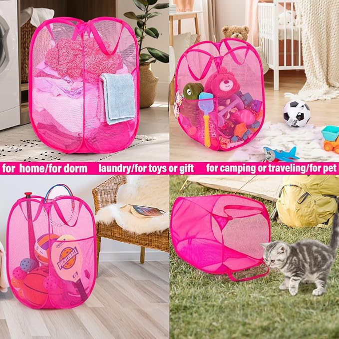 BATTOO Deluxe Strong Mesh Pop up Laundry Hamper Basket with Side Pocket for Laundry Room, Bathroom, Kids Room, College Dorm or Travel 3 Pack Blush