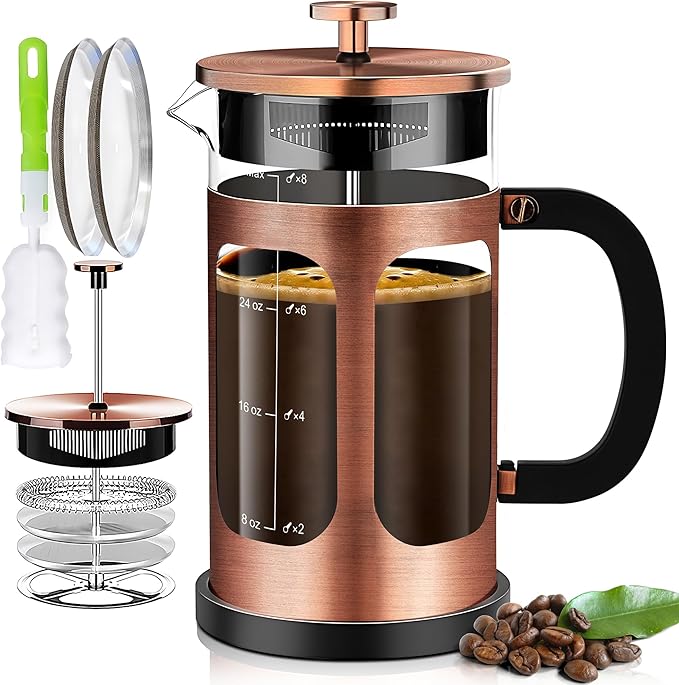 YMMIND French Press Coffee Maker (34oz 1Quart 5-6Cup) Coffee Press, with 4 Filters System, Heat Resistant Thickness Borosilicate Glass, Cold Brew Coffee Tea Pot Gifts (Bright Black)