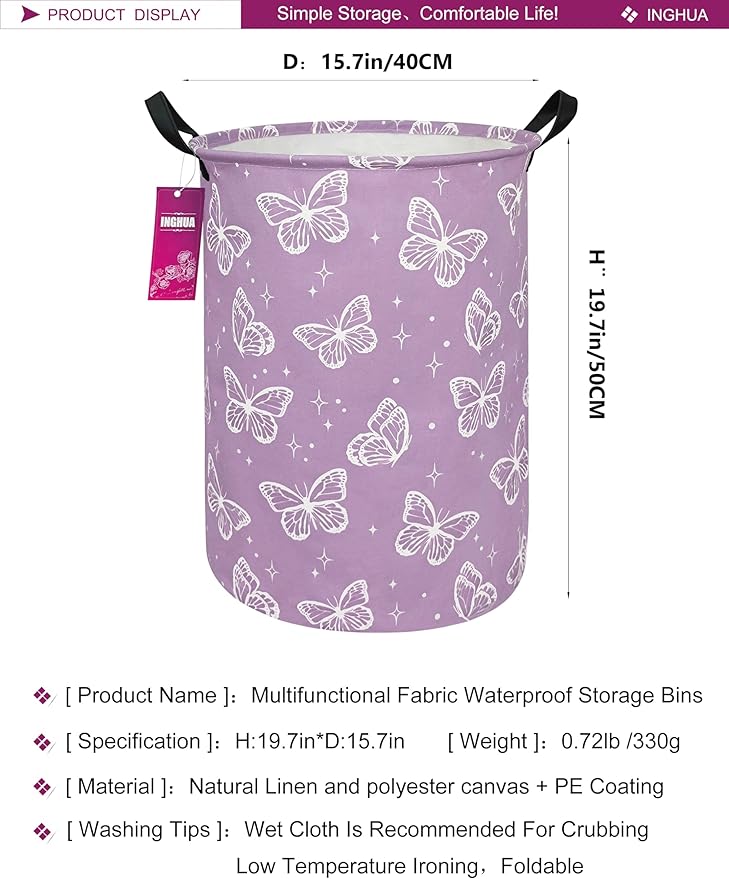 Laundry Hamper Large Canvas Fabric Lightweight Storage Basket/Toy Organizer/Dirty Clothes Collapsible Waterproof for College Dorms, Boys and Girls Bedroom,Bathroom(butterfly)
