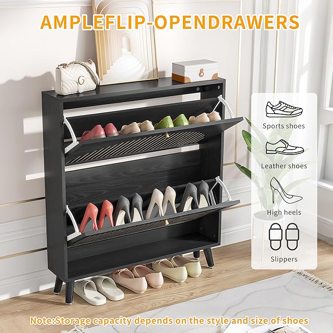 Shoe Storage Cabinet for Entryway with 2 Flip Drawers, Narrow Wood Shoe Cabinet with Fluted Panel, Freestanding Hidden Shoe Organizer for Foyer, Hallway (Black - No Shelf)