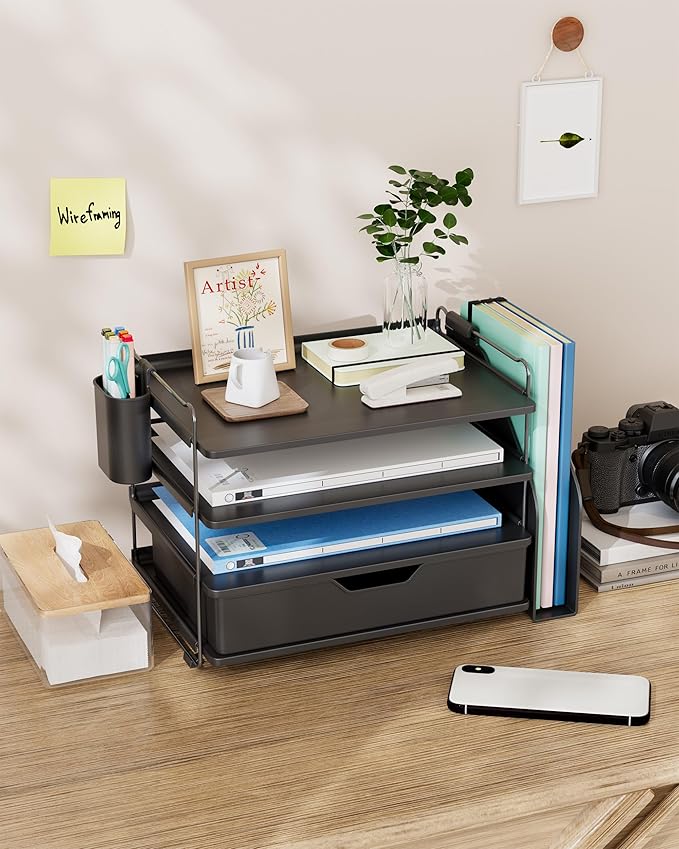 Kitsure Desk Organizer - 4-Tier Office Desk Accessories with Drawer ＆ Pen Holder, Tool-Free Assembly Organizer with Non-Slip Pads, for Office Supplies Storage, Plastic, 13.3" x 8.0" x 10.8", Black