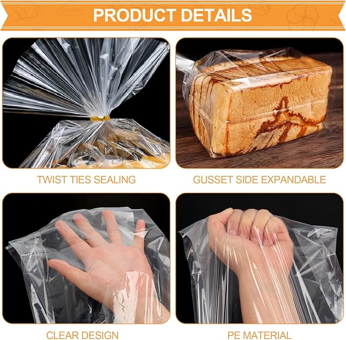 vivinin 70 Pack Bread Bags & 100 Pack Ties, 8" x 4" x 18" Clear Bread Bags for Homemade Bread, Reusable Plastic Bread Storage Bags for Bakers, Bakery Owners