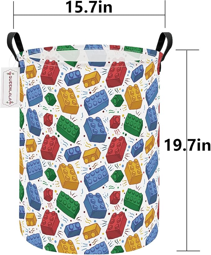 QUEENLALA Large Storage Basket,Laundry Hamper/Bathroom/Home Decor/Collapsible Round Storage Bin,Boys and Girls Hamper/Boxes/Clothing(Round-Blocks)