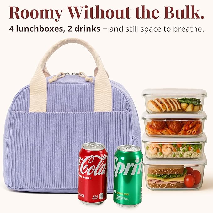 Insulated Purple Haze Lunch Bag for Women, Stylish Corduroy Tote with Aluminum Lining, Large Capacity Reusable Cooler for Work, Travel, or Beach, Beige Cream Water-Resistant Lunch Box