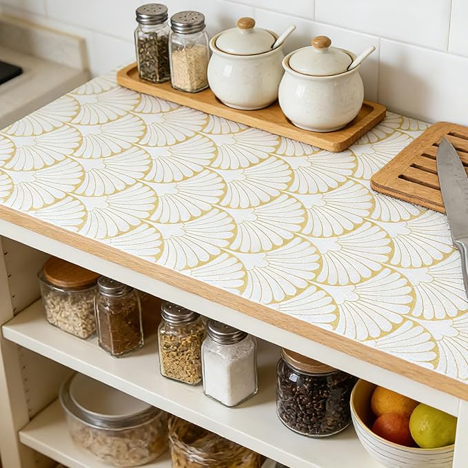 Shelf Liners Non Adhesive Gold Background White Fan-Shaped Pattern - Thickened Non-Slip Easy to Clean Drawer Liner for Kitchen Cabinets, Tool Box,Refrigerator,with Knife & Tape Measure,17in x 30FT.