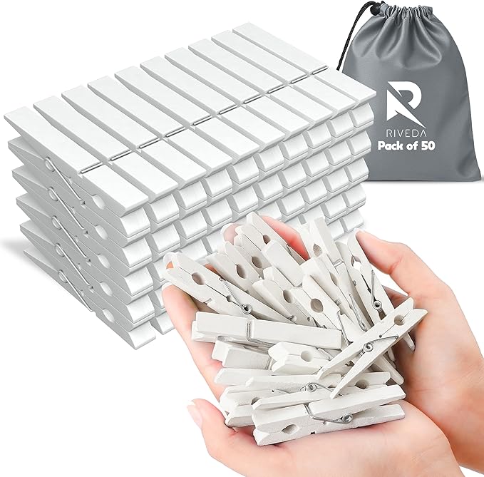 RIVEDA 50pcs Colored Wooden Clothes Pins, 2.9inch, Clothespins for Classroom, Clip Hanging Photos, DIY Clips for Crafts, Decorations (White)