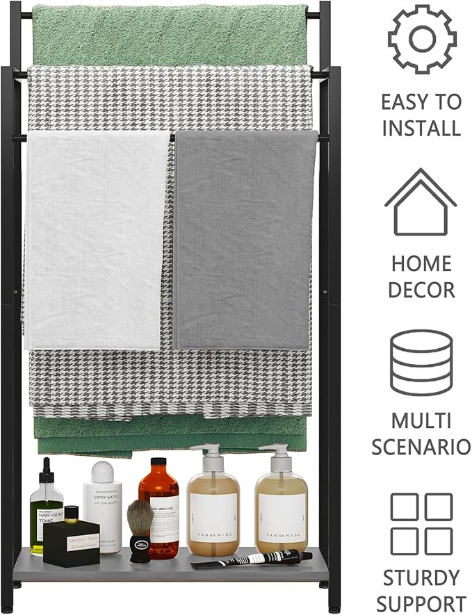 Freestanding Towel Rack, 3 Tier Blanket Ladder Stand with Oak Grey Wooden Shelf for Bathroom Living Room (31.5”H x 16.9”W x7.9”D)