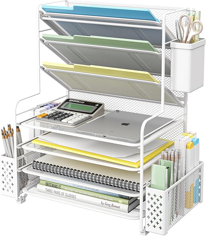 Simple Trending 7 Tier Desk File Organizer, Letter Tray Paper Organizer with Pen Holder and Metal Hanging Basket, White