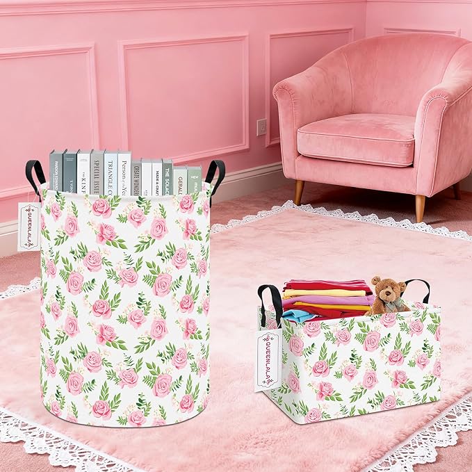 QUEENLALA Large Storage Basket,Laundry Hamper/Bathroom/Home Decor/Collapsible Round Storage Bin,Boys and Girls Hamper/Boxes/Clothing(Round-Pink roses)