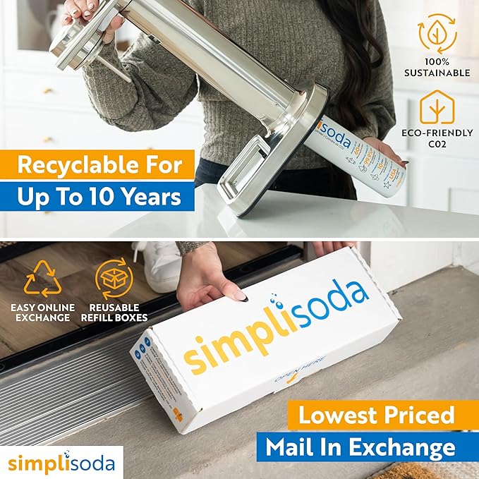 Simpli Soda 60L CO2 Canister Cylinders - Compatible w/Sodastream BLUE Screw-In Only, Ninja Thirsti, Philips, and More - Threaded Style Soda Streaming Machine CO2 Tanks Gas Refill, | 14.5 oz, Set of 4