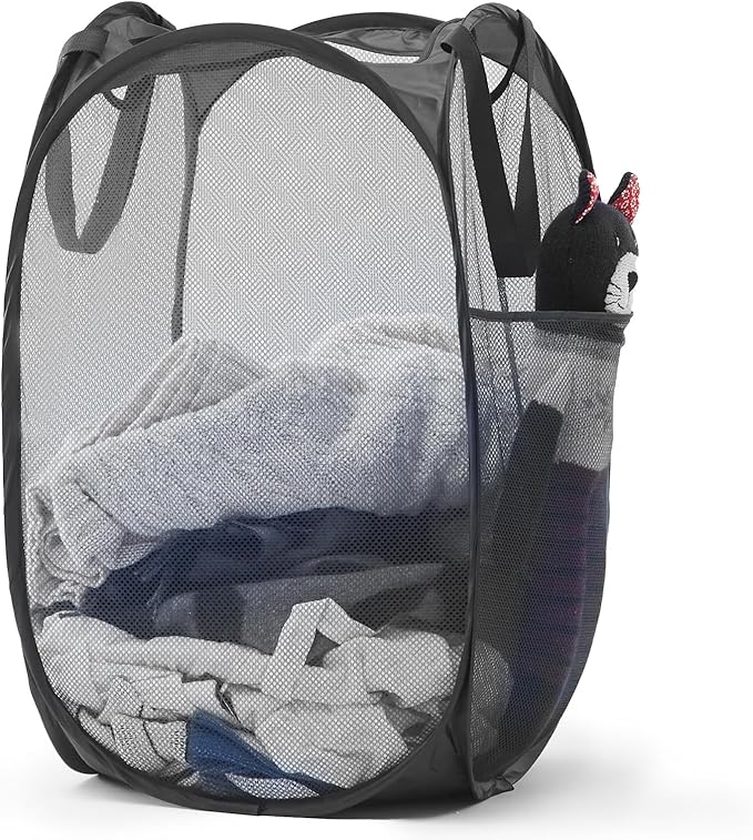 TECHMILLY Upgraded 105L Collapsible Mesh Pop Up Laundry Hamper with Sturdy Handles and Side Pocket - Portable Foldable Clothes Baskets for Dorm, Bathroom & Travel Storage (Black Plus)