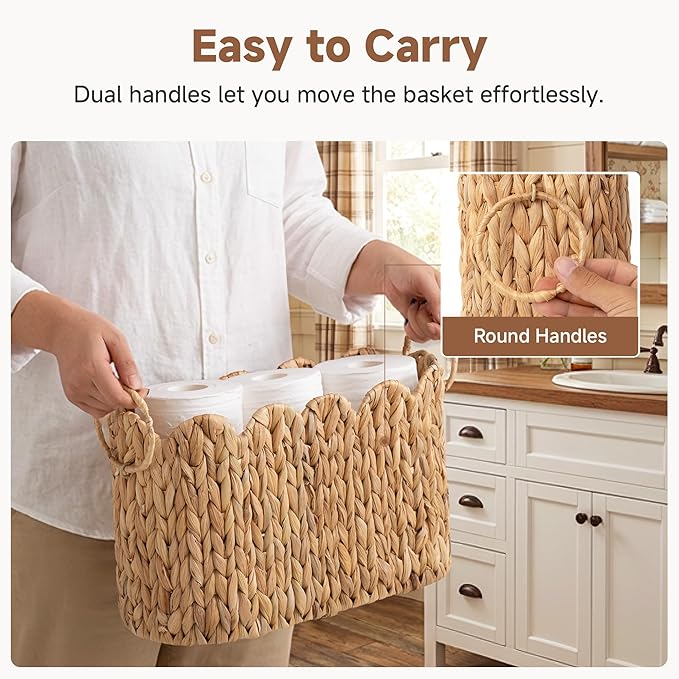 StorageWorks Scalloped Bathroom Toilet Paper Storage Holder, Wicker Toilet Paper Basket for 6 Regular Rolls, Slim Scalloped Basket Organizer with Handles, Water Hyacinth Storage Baskets for Bathroom
